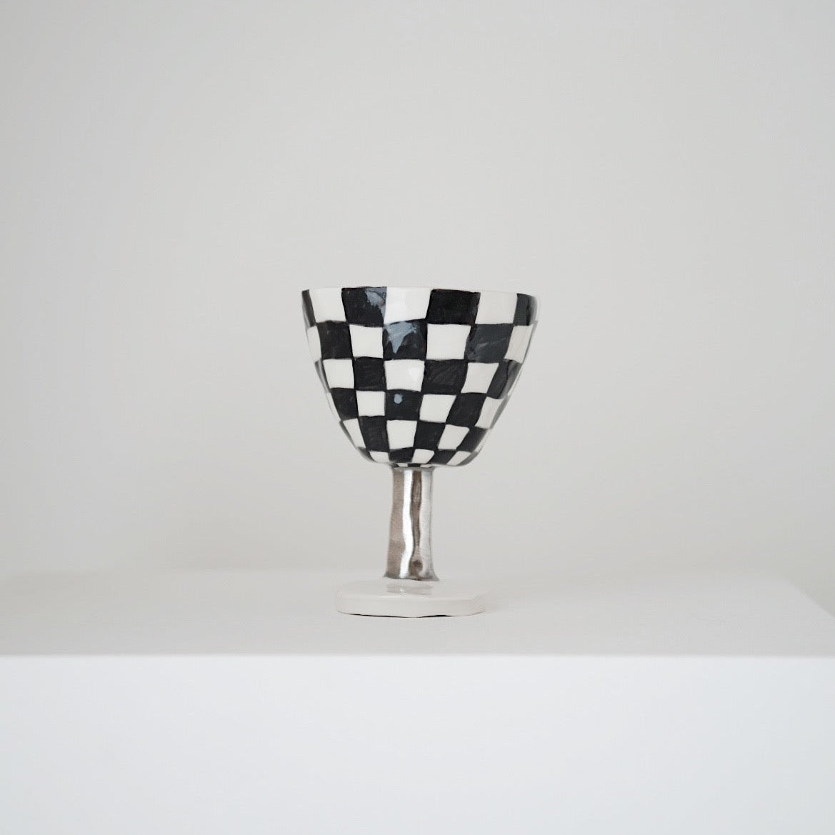 Checkerboard Ceramic Footed Bowl / Goblet